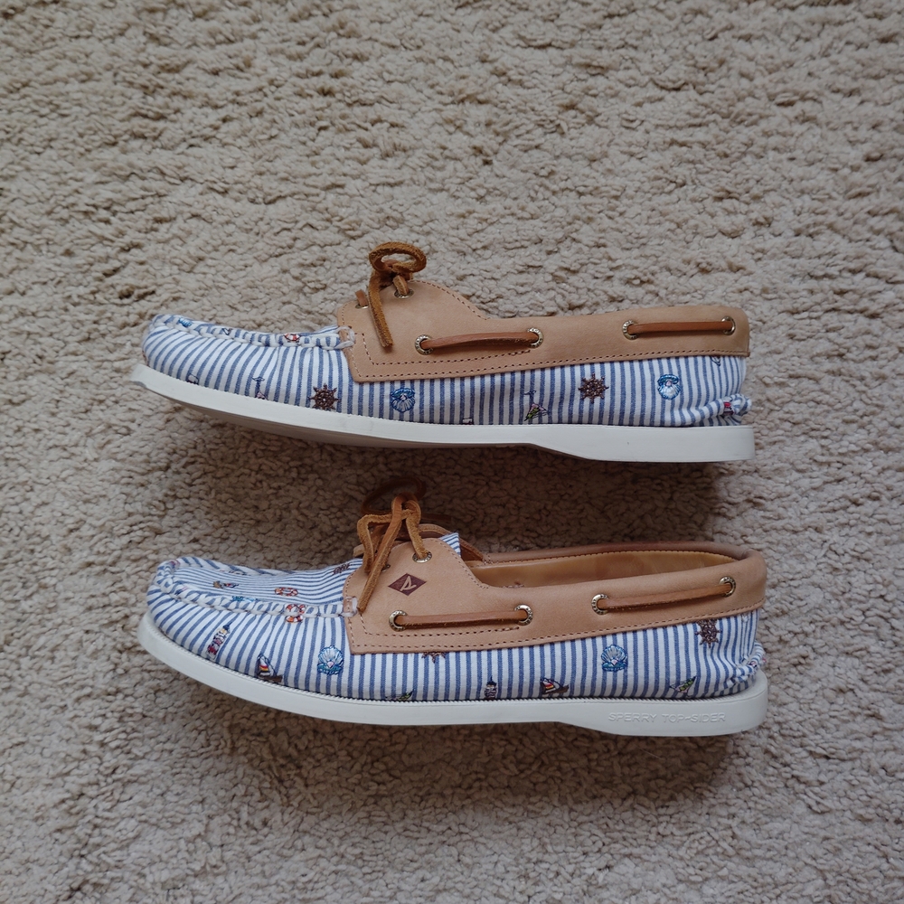Sperry Women's Tan and Blue Striped Boat Shoes - Picture 5 of 7